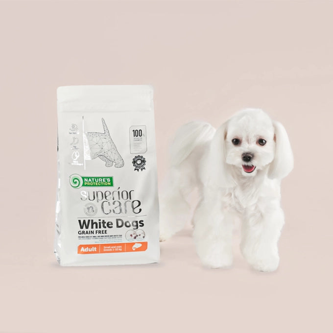 Crocchette per cane adulto con mantello bianco gusto salmone
